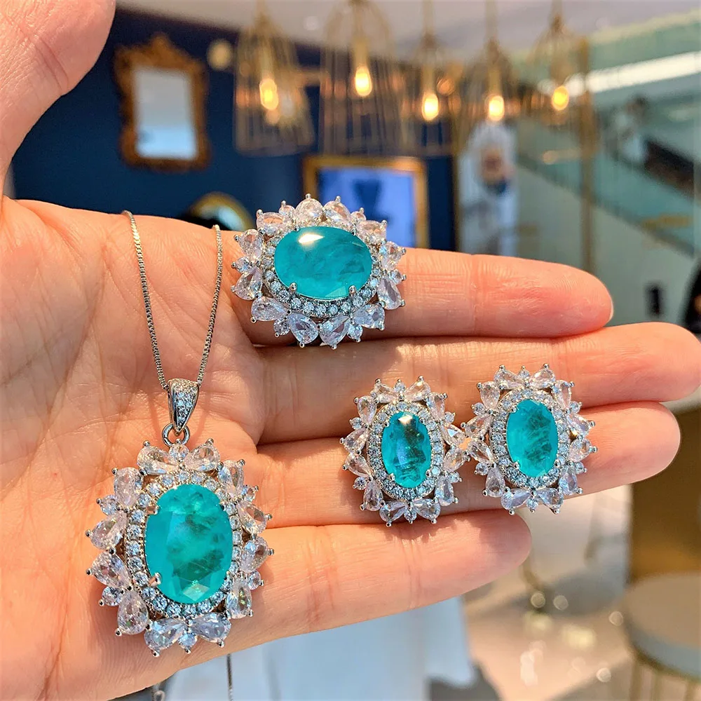 2021 Trend Paraiba Tourmaline Gemstone Pendant Necklace Earrings Rings High Carbon Diamond Wedding Jewelry Sets for Girlfriend