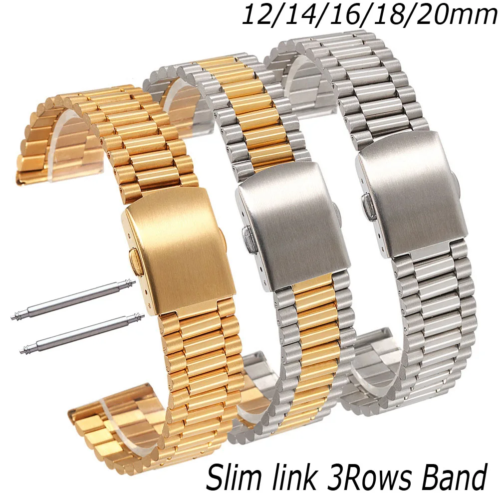 Slim Link Stainless steel Watch Band 12mm 14mm 16mm 18mm 20mm watch Strap 3-Rows Replacement Watchbands Bracelet WristBand Belt