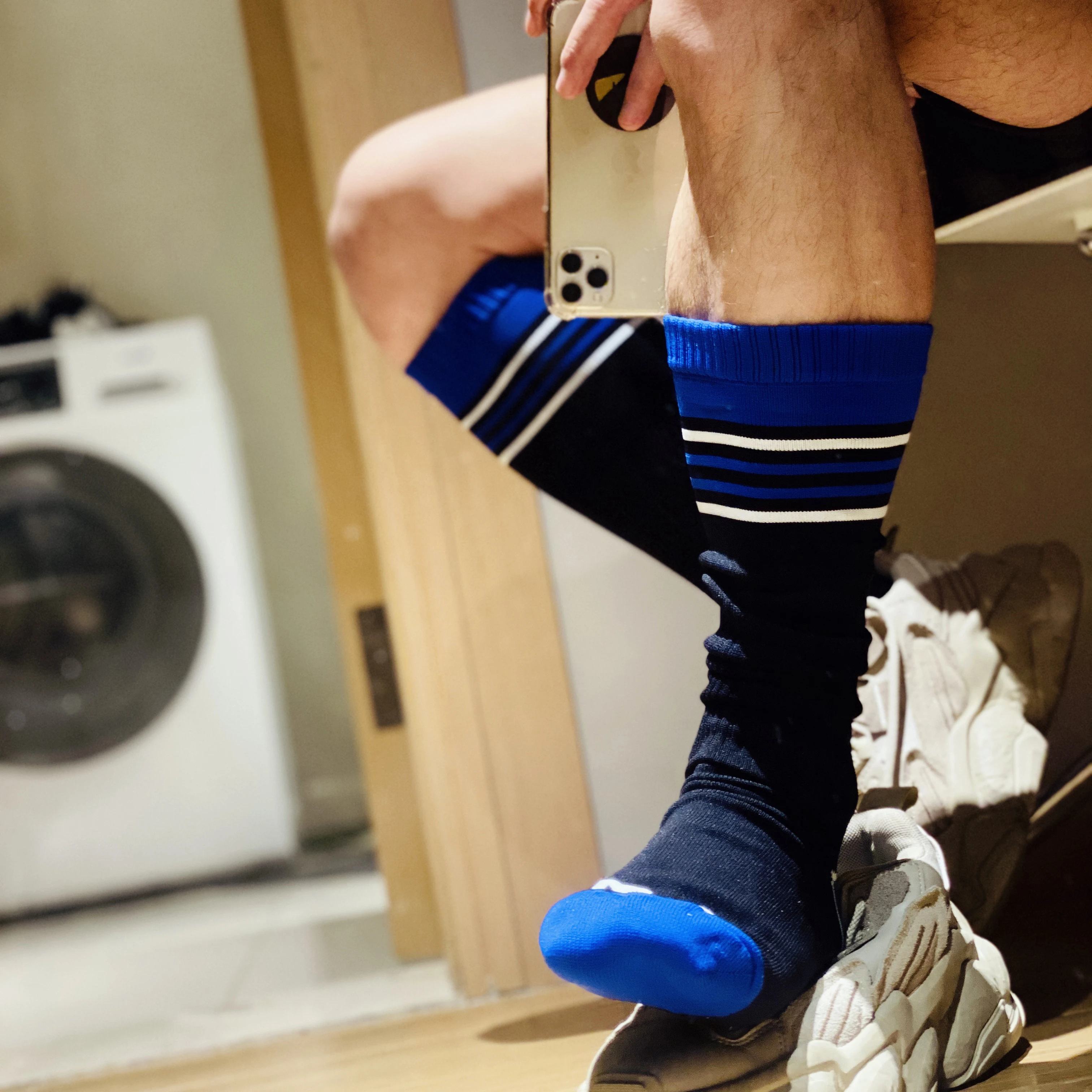 Fashion Blue Unique Design Striped Socks Sexy Gay Top Vers Bottom Men Nylon Sports Long Tube Football Socks Comfortable