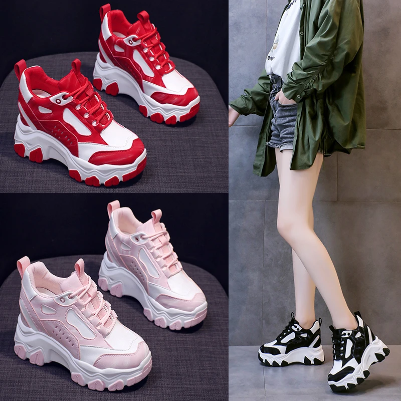 Herfst Vrouwen Lace-Up Chunky Sneakers Designer Black Dad Schoenen Hoge Platform Ulzzang Lederen Schoenen Ademend Toevallige Sportschoenen