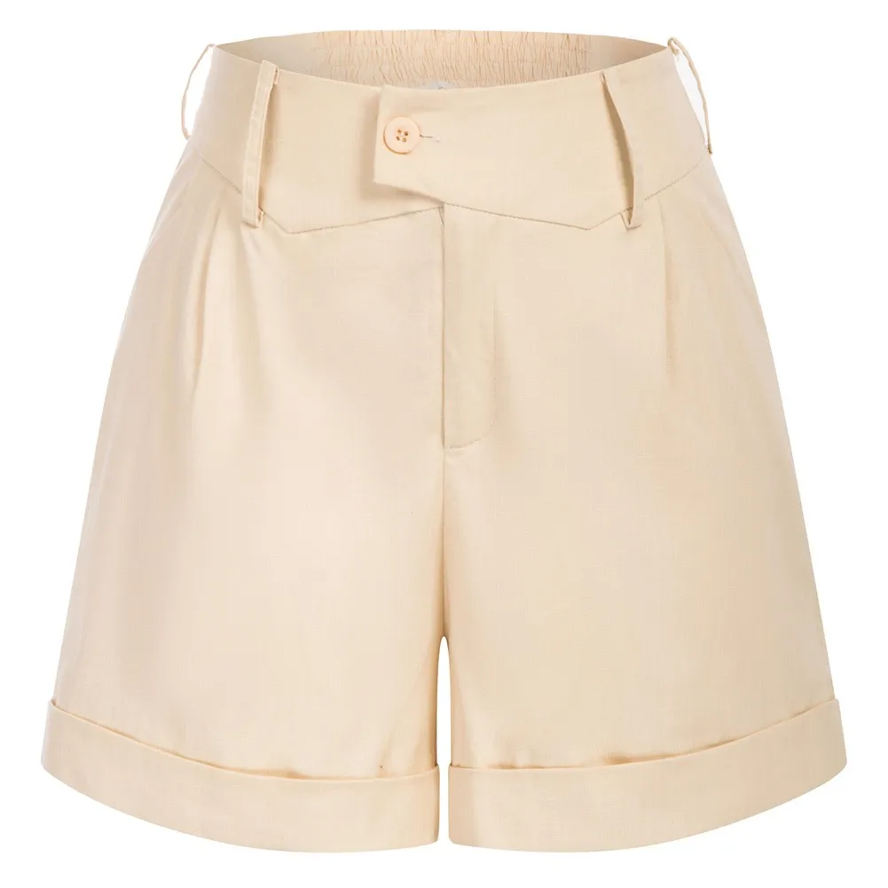 Belle Poque Women Summer Elastic High Waist Shorts With Pockets Fold Up Leg Opening Cotton Short Pants Vintage Wide Leg Shorts