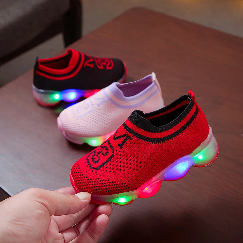 LED Baby Girls & Boys Air Mesh Fly Shoe Children & Toddler Shoes Breathable Soft BottomLittle Kids Sneakers Size 21-30