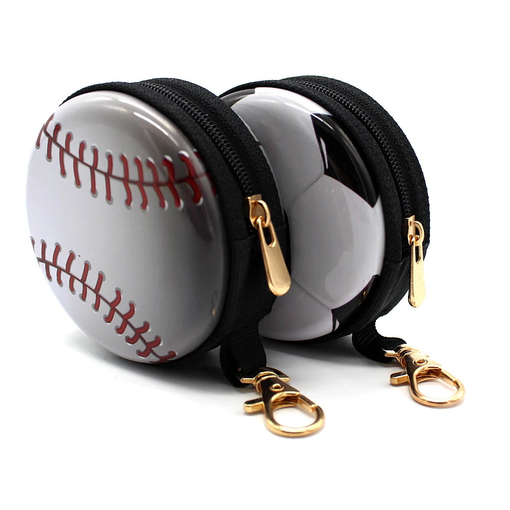 Tin Coin Purse Basketball Football Pattern Men Round Earphone Box Mini Zipper Wallet Key Case Small Gifts for Children Coin Bag
