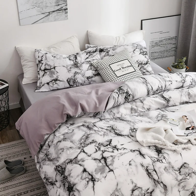 Fashion Marble Plain Printing Bedding Set Europe and America Sanding Soft Quilt Cover Kit Queen King Size Duvet Cover Pillowcase