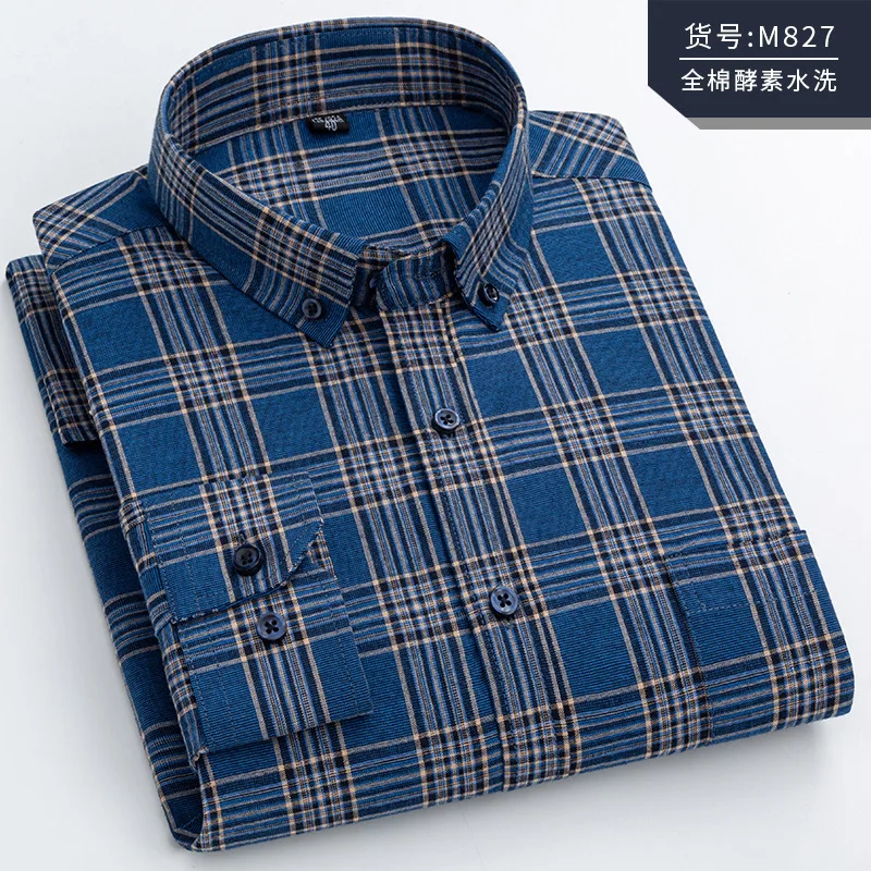 100% Cotton Long Sleeve Shirt Plaid 7XL Middle-aged Business Slim Fit Shirt Men Casual Korean Clothes Oversized Button Up Shirt