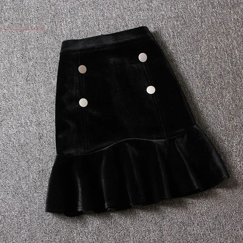 2021 New Autumn Winter Gold Velvet Black Double Breasted Mini Skirts Women High Waist Elegant Ruffle Korean Mermaid Jupe Femme