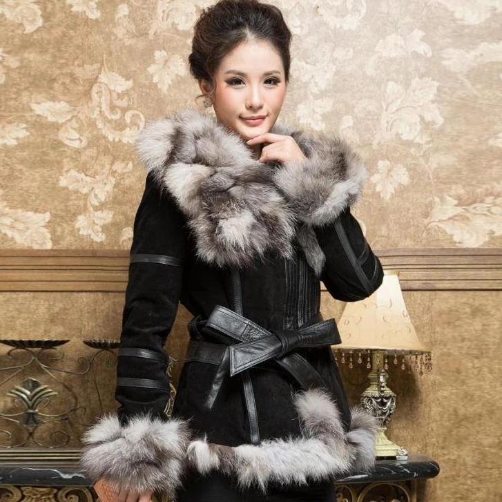 Casaco De Pele De Couro das mulheres Fox Fur Collar Primavera Jaquetas Mulheres Jaqueta Jaqueta De Inverno Mulheres Pele História FS13055C