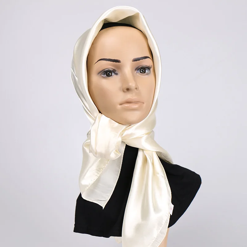 90*90cm Luxury Women Muslim Hijab Square Silk Scarf Satin Headscarf Plain Woman Veil Solid Handkerchief Hair Turban Bandana 2024