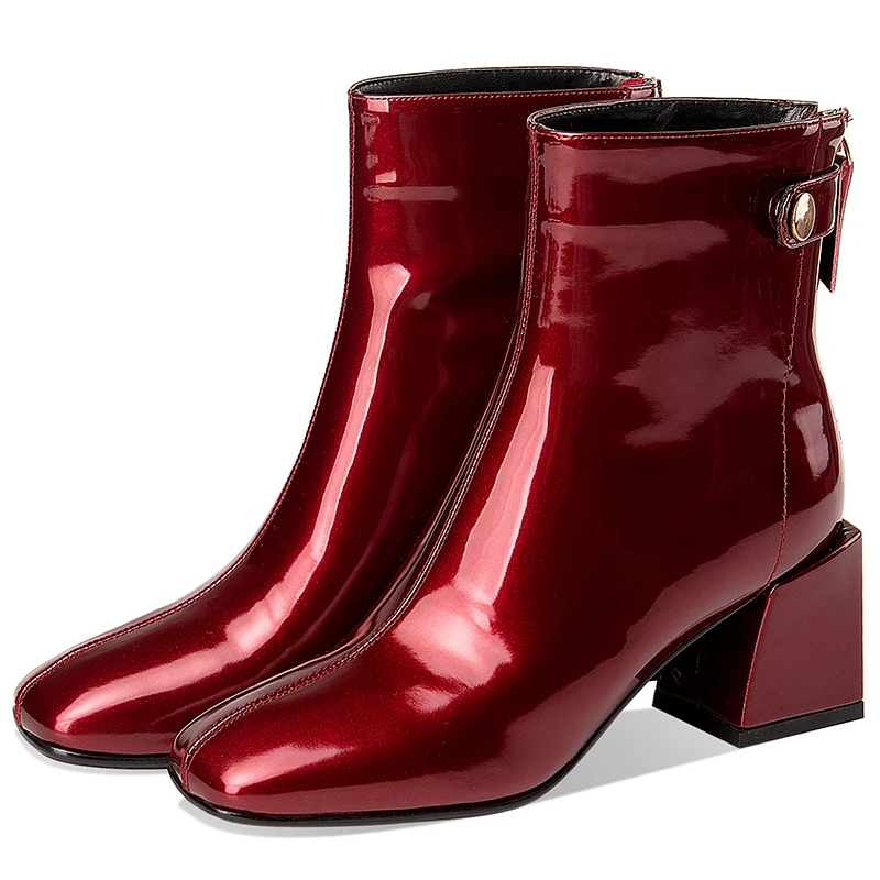 Drestrive Patent Leather Women Ankle Boots Zipper Square Toe 2021 Winter Shoes Thick High Heels Big Size 42 Wine Red