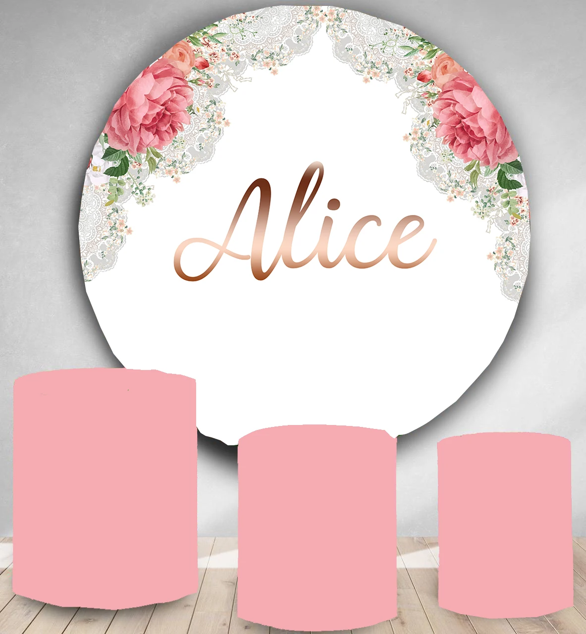 

wedding Lace flower backdrop Round Panel circle background bridal shower party decor candy dessert table banner customize text