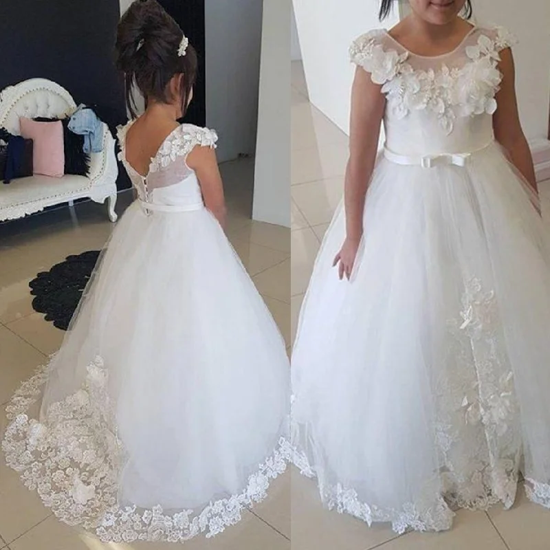 Vestidos formales de flores para niña y niño, joya de encaje, apliques 3D, tren de barrido, vestidos de desfile para boda, fiesta de cumpleaños, vestidos para niña