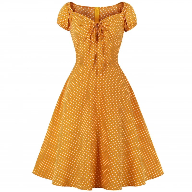 Yellow 50s 60s Pin Up Robes Vintage Button Front Polka Dot Summer Short Sleeve Dresses Women Party Belted Cotton Midi Dress