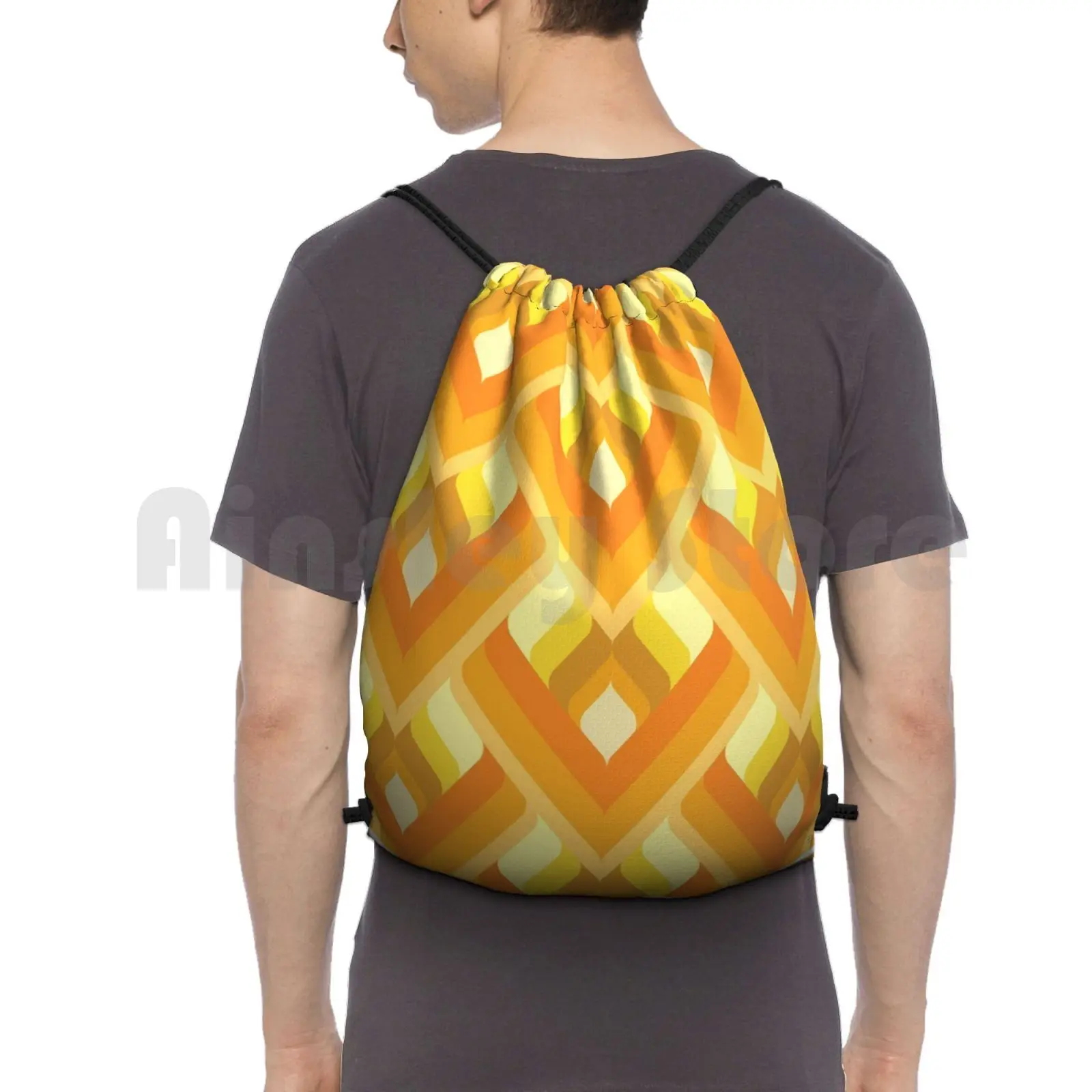 

Orange , Brown And Yellow Geometric Retro Diagonal Pattern Backpack Drawstring Bags Gym Bag Waterproof Orange Brown