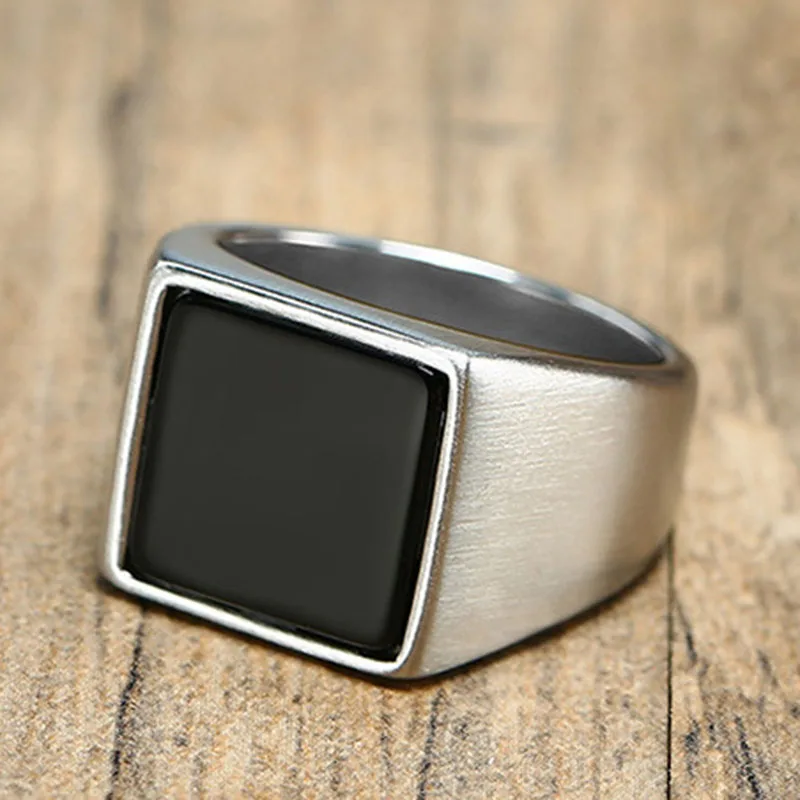 Fashion Golden Glossy Square Seal Stainless Steel Resin Geometric Men\'s Punk Rock Ring Party Jewelry Wedding Accessories