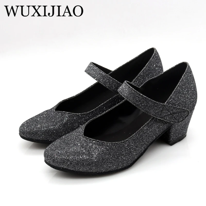 WUXIJIAO women's Latin dance shoes color satin sequins rhinestones Cuban high heels 9cm