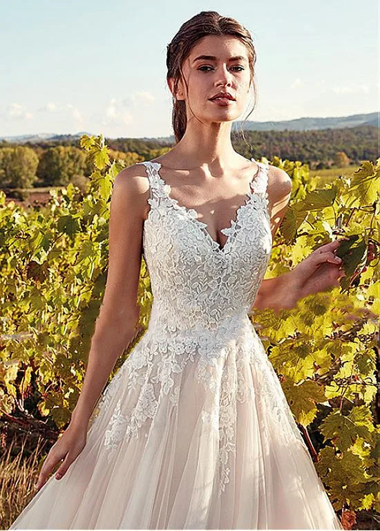 Clássico v-neck vestidos de casamento champagne a linha apliques até o chão vestidos de noiva 2020 vestidos de noiva