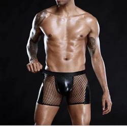 Cueca boxer sexy respirável preto de couro de patente dos homens lingerie gay malha transparente cuecas