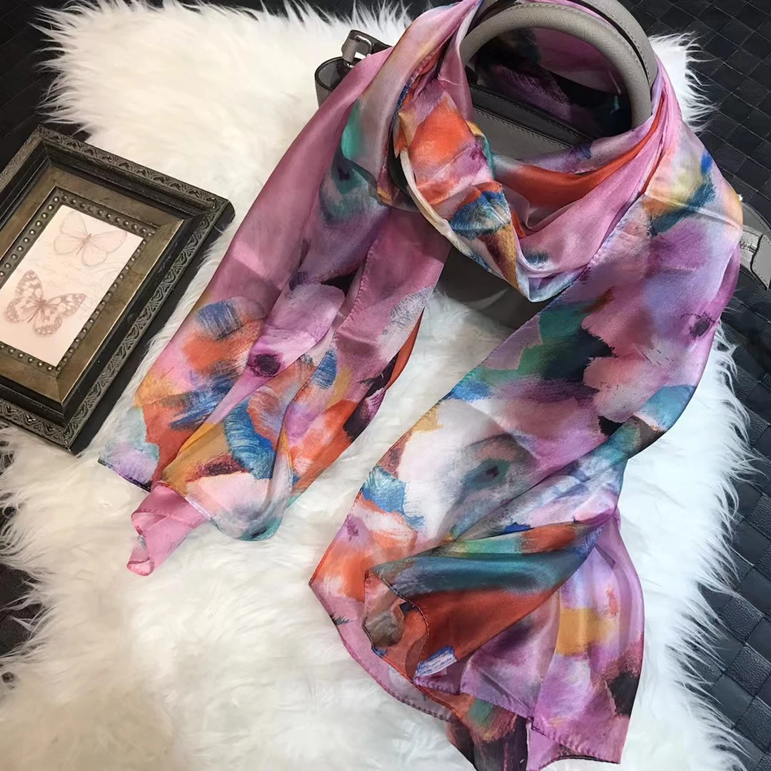 Fashion 100% Silk Scarf Ladies Pink Green Scarves BufandasSummer Beach Shawls Foulard Fall Winter Brand Long Neck Scarves Hijabs