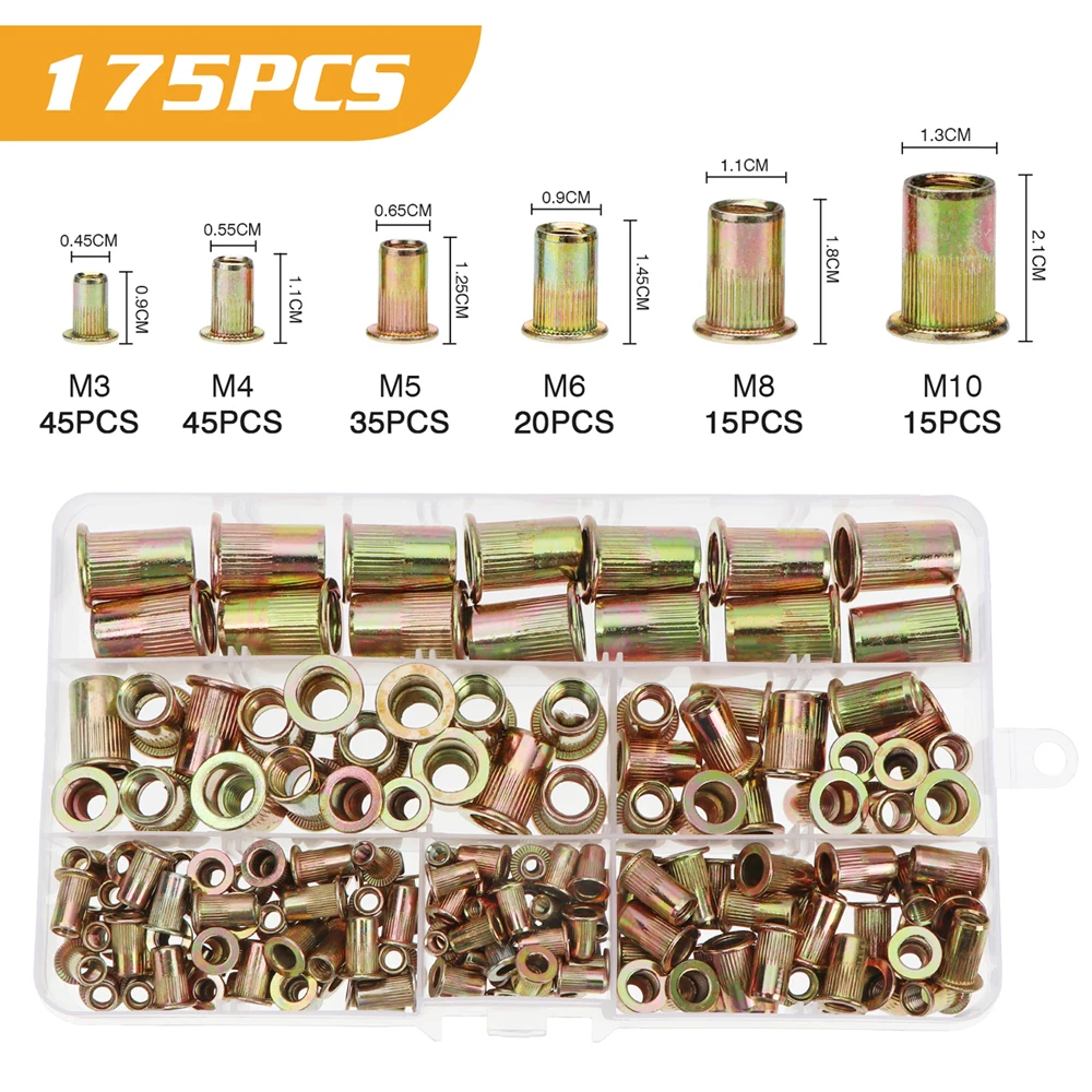 Porcas de rebite m3 m4 m5 m6 m8 m10 m12, conjunto de nozes de zinco, inserção com rosca, cabeça plana, rebites de aço carbono, com 210 peças