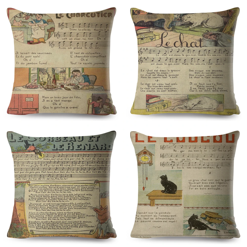 Vintage European Poster Children Pillowcase Decor Cartoon Music Staves Pillow Case Polyester Cushion Cover for Sofa Home Chair