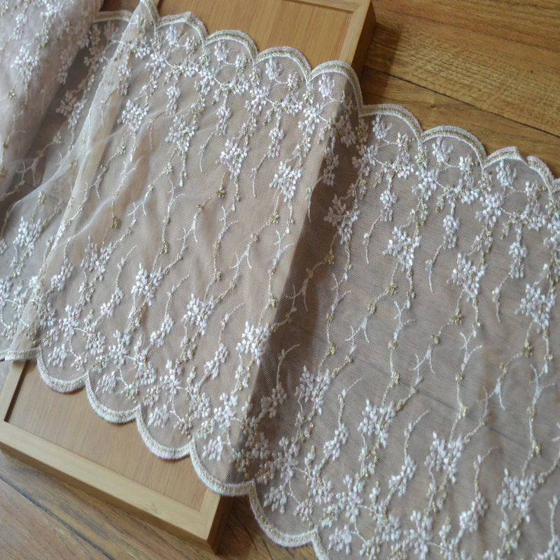 2Y 26cm Wide Translucent Pink Gauze Gold Thread Embroidery Mirror Floral Lace Hight Quality Lace Fabrics Embroidered Lace