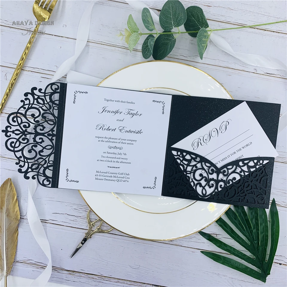 

Modern Black Customized Laser Cut Wedding Invitation With Belly Band, RSVP card And Envelope