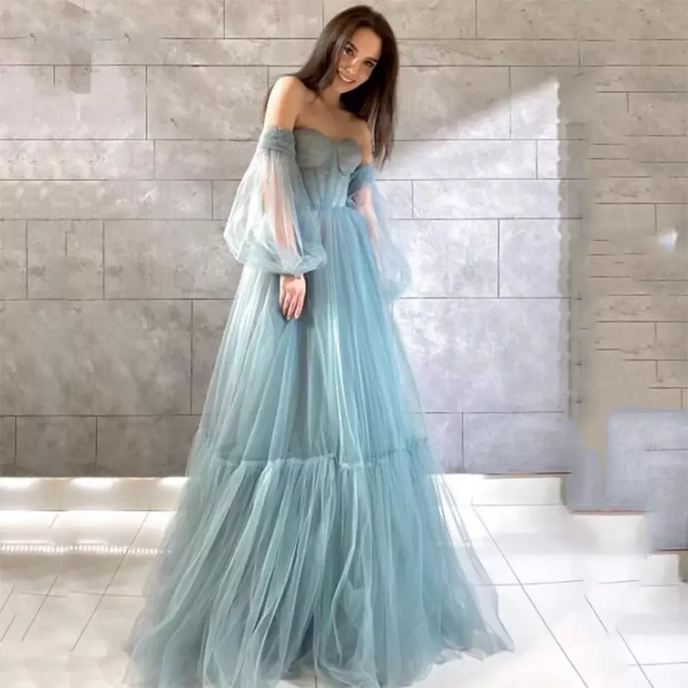 

Elegant Off The Shoulder Prom Dress 2024 Pleats Long Puff Sleeve Tulle Floor Length Homecoming Party Gown Graduation Custom Made