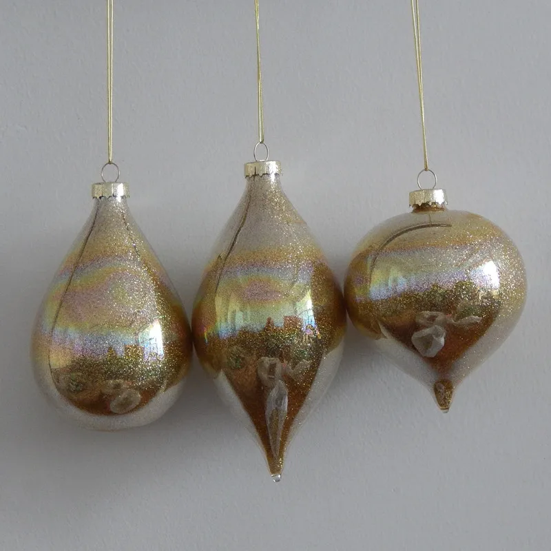 10pcs/pack Mixed Packing Inner Gold Powder Glass Pendant Christmas Day Hanging Ornament Handmade Decoration Drop Cone Onion