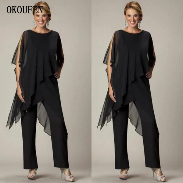 

2024 Fashion Mother of the Bride Dresses Pant Suits Black Chiffon Bateau Asymmetric Modest Mother's Suit for Weddings madrinha