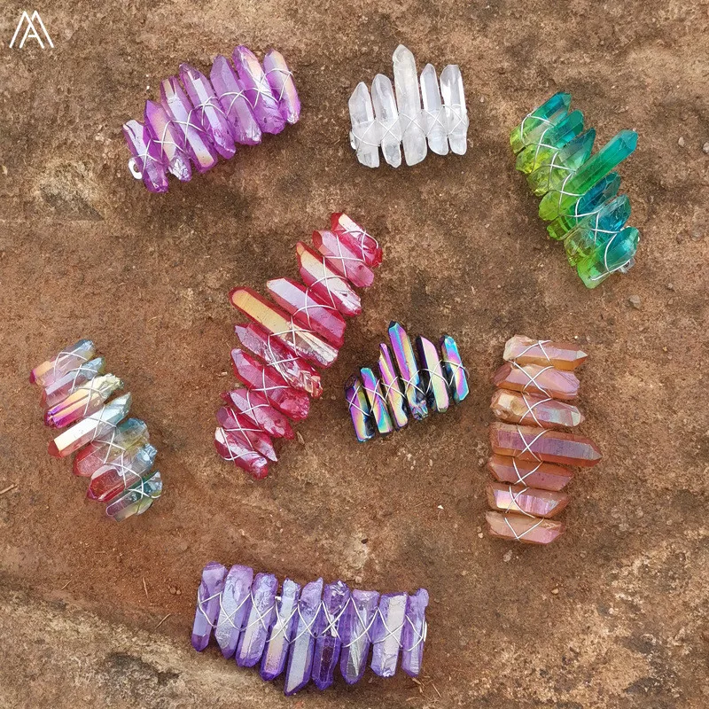 Silvery Copper Wire Wraped Colorful Natural Quartz Crystal Point Beads Hair Clips Headband For Women Hairclips Tiara Headdress