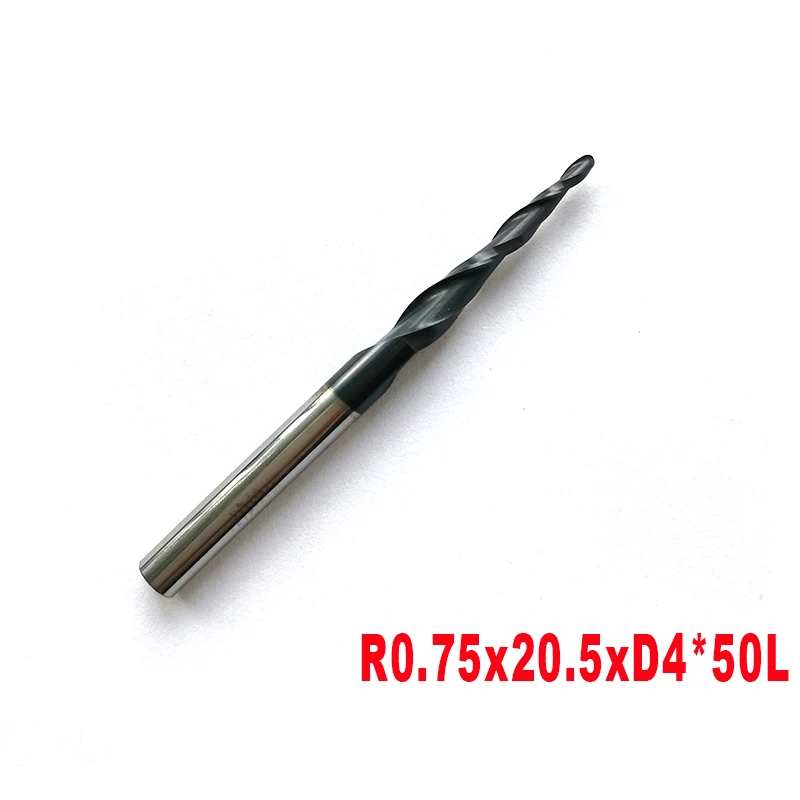 5pcs/lot R0.75*D4*20.5*50L*2F HRC55 Tungsten Solid Carbide Coated Tapered Ball Nose End Mills Taper And Cone CNC Milling Cutter