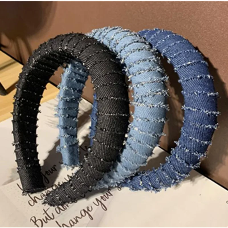 USA Hot Sale Denim Padded Headbands with Metal Chain Women Party Headdress Thick Sponge Inside Hairbands Tall Adults Accessories