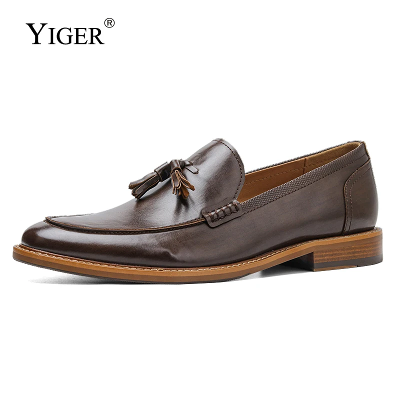 YIGER Men's Loafers shoes Man Business Oxford Shoes Male Wood grain tassels Slip on Dress shoes High Quality Brand Vintage shoes