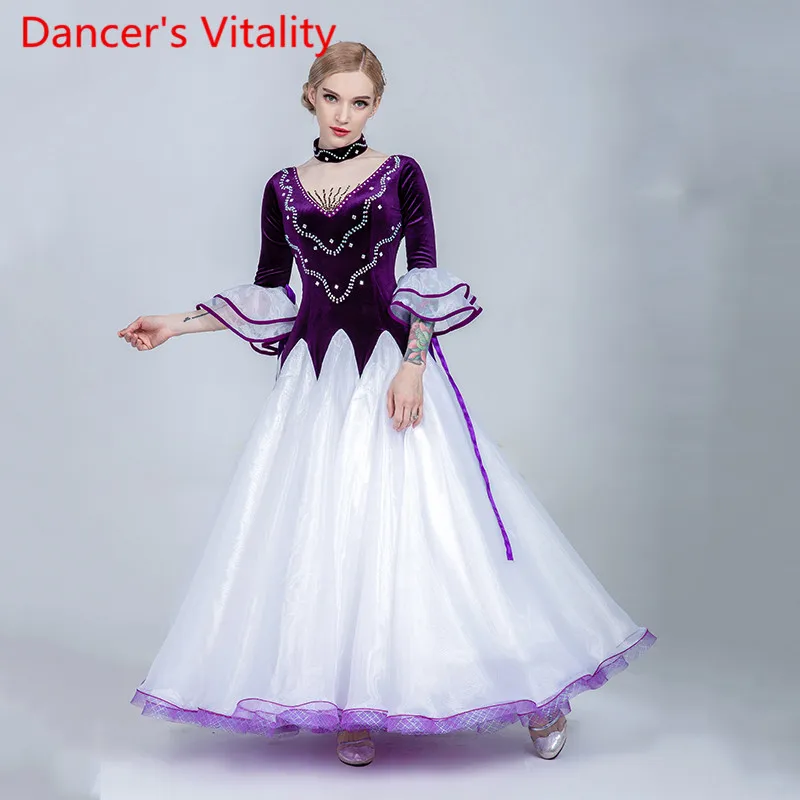 

New Fashion Modern Dance Dress Ballroom Flared Sleeve Diamond Big Hem Long Dress Ballroom National Standard Dancing Clothes