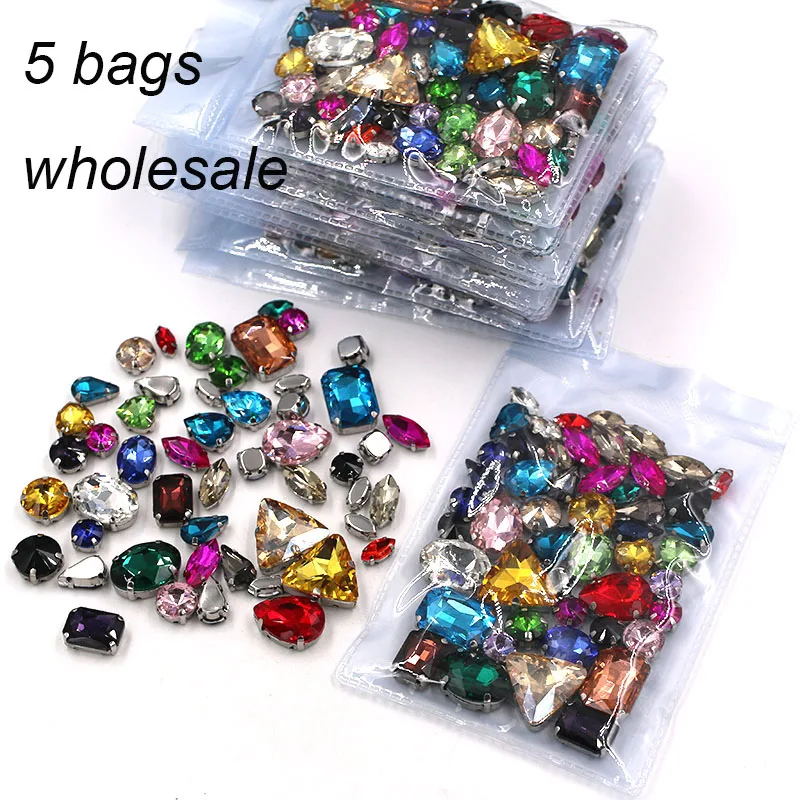 Hot Sale  Wholesale 5 bags mixed shape mix colors silver base sewing glass crystal rhinestones for clothing/wedding dress