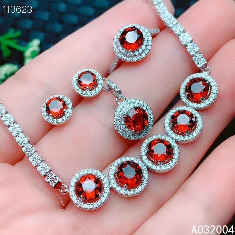 

KJJEAXCMY Fine Jewelry 925 sterling silver inlaid natural garnet ring pendant earring bracelet set beautiful supports test