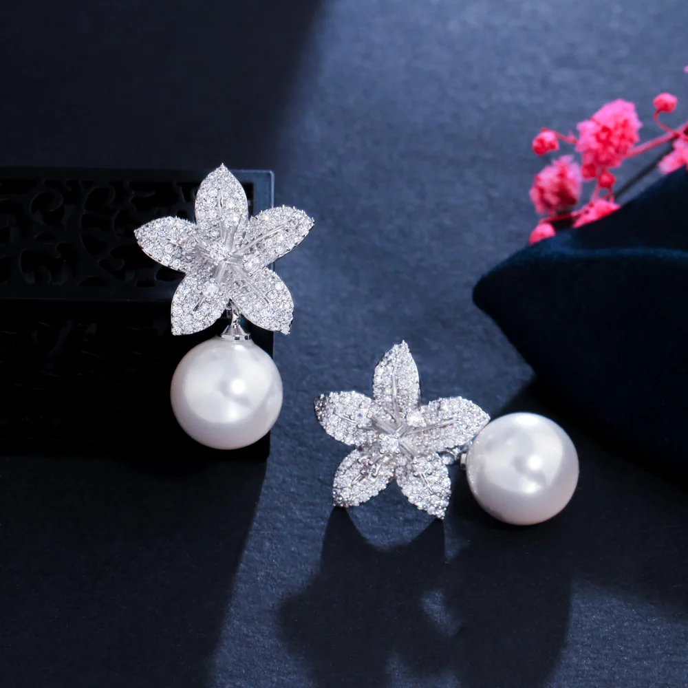 CWWZircons Noble White Gold Color Dangle Drop Pearl Cubic Zirconia Lovely Geometric Flower Earrings for Women Chic Jewelry CZ973