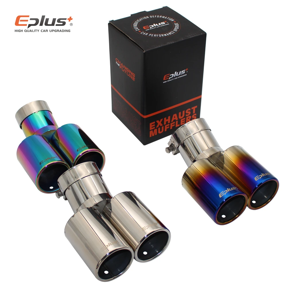 Eplus Car Styling Mufflers Exhaust Tail Throat Pipe Tip Flat Universal Bend  Stainless Steel Multi-size Dual Outlet Muffler 63MM