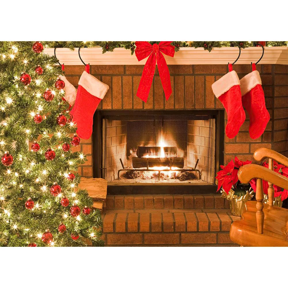 Photography Christmas Fireplace Backdrop Fire X-mas Tree Red Sock Background for Photo Studio Newborn Kids Portrait Banner Props