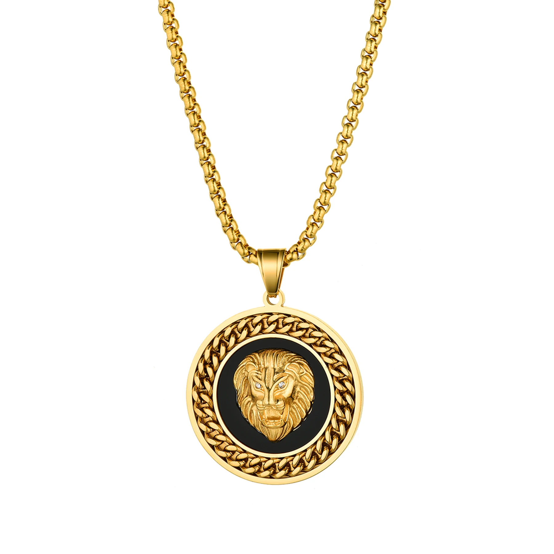 BONISKISS 2020 Fashion  Hip Hop Gold Color Round Lion Head Pendant Necklace With 22inch Chain Stainless Steel Men's Necklace