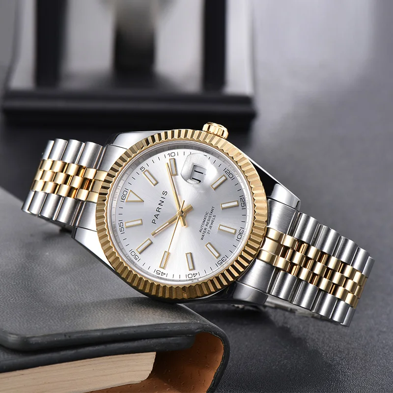 PARNIS Brand 40mm Automatic Men Watch Sapphire Glass Gold/Rose Gold Plated Watch Band MINGZHU Movement