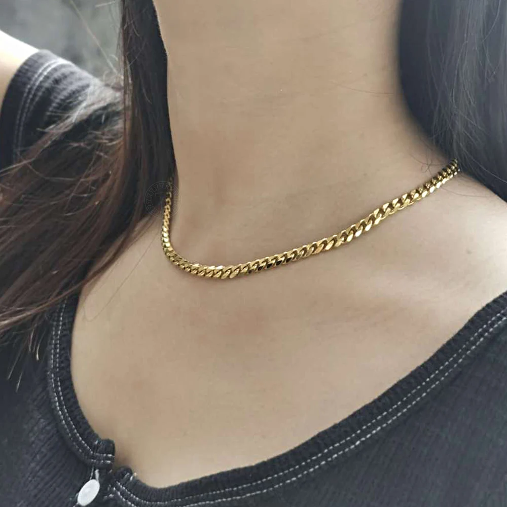 Gold Color Stainless Steel Curb Chain Necklace for Men Women 3 TO 11 MM Neck Chain Choker Vintage Jewelry