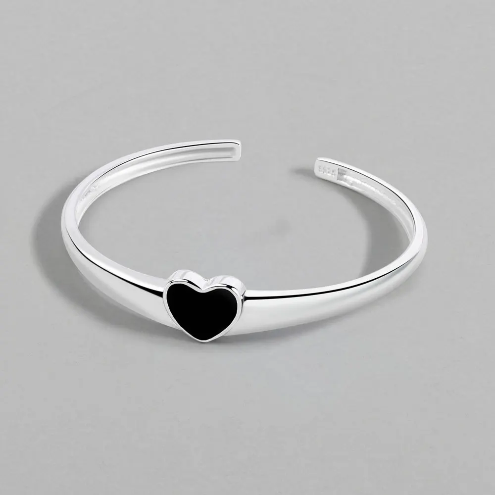 Bracelets manchette en argent pur pour femmes, breloque cœur noir, bijoux tendance, accessoires, cadeaux de noël