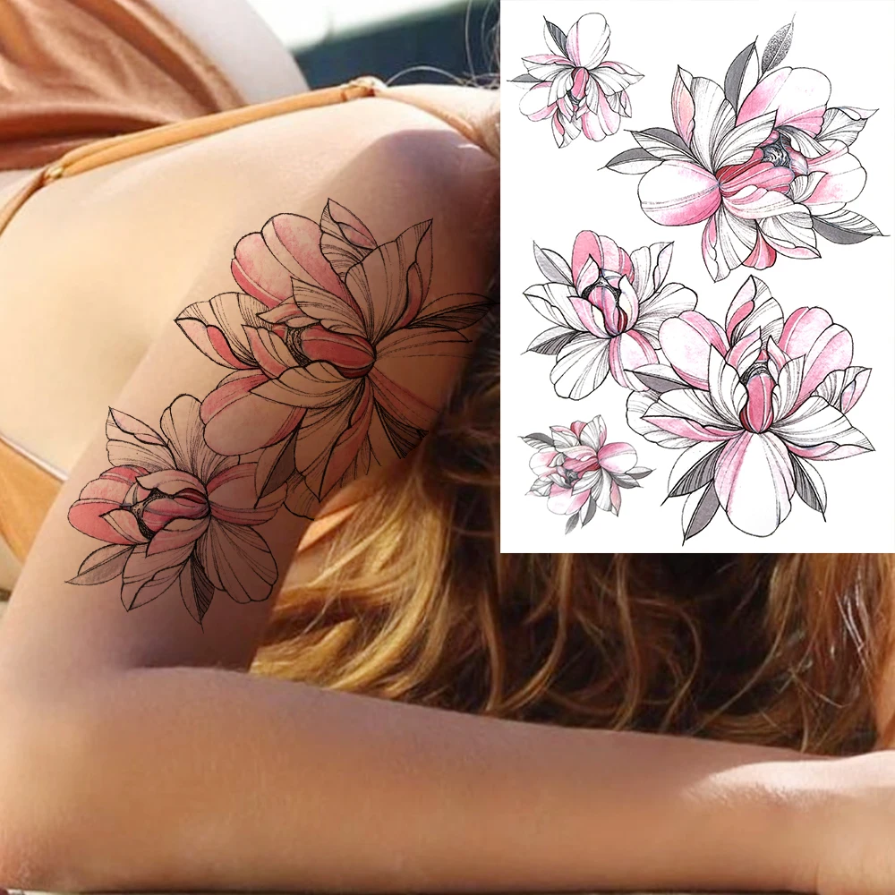 Tatouages Temporaires en Fleurs de Lys pour Femme Adulte, Faux Autocollant Noir Imperméable, 3D, Bras, Annie, Orchidée, Nunlia, Pivoine, DIY