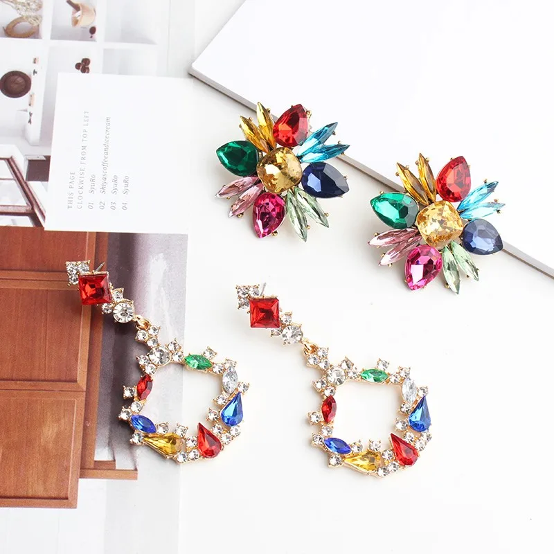Fashion Rainbow Multi Color Rhinestone Dangle Earrings for Women Luxury Bohemian Colorful Glass Drop Earring Jewelry