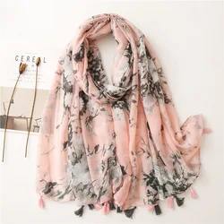 2023 Spain Luxury Brand Pink Retro Floral Tassel Viscose Scarf Women Print Shawls and Wraps Pashmina Stole Muslim Hijab 180*90Cm