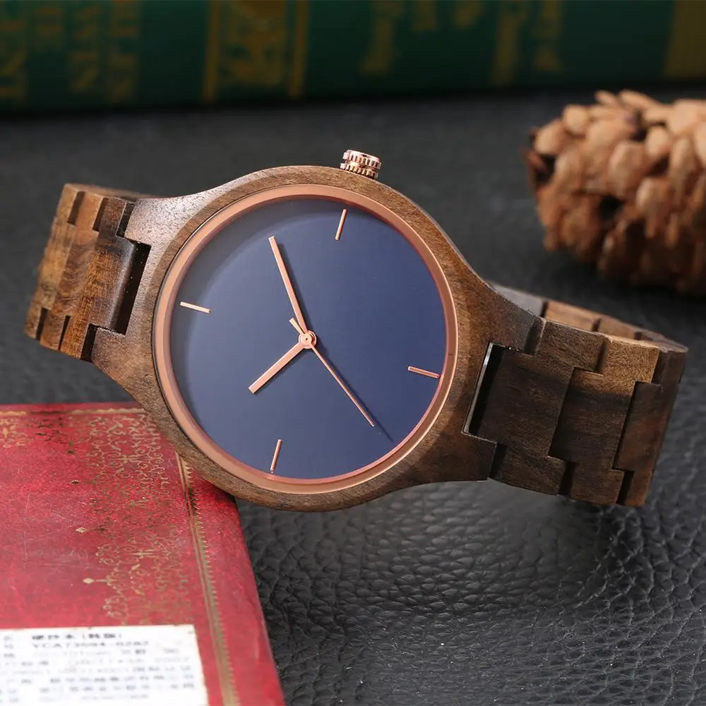 Retro Pure All Walnut Wooden Watch Simple No Word Blue Dial Clock Man Sports Full Wooden Band Quartz Wristwatches Relojes Hombre