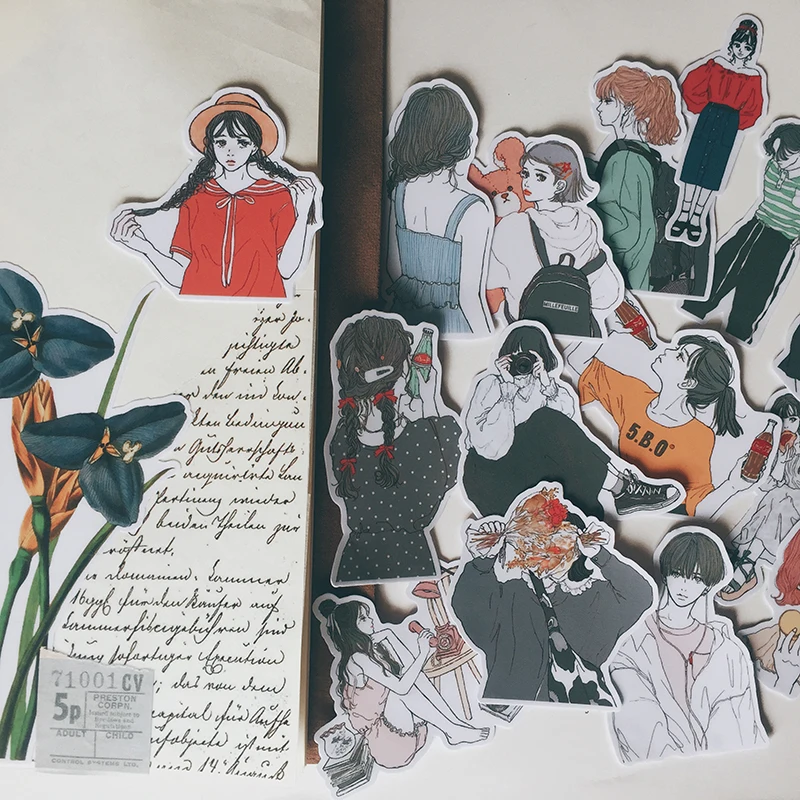 15PCS INS Wind Girl Character Adesivos Moda Wear Lady Sisters Hand Account Material Handbook Sticker Album DIY