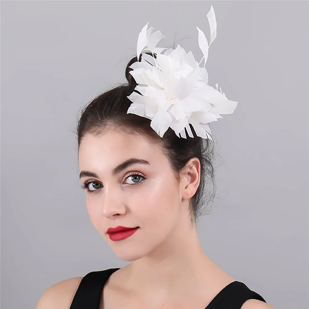 

White Fancy Feather Flower Wedding Hair Bride Headwear Women Fascinators Accessories Prom Derby Party Ladies Headdress Hair Pin