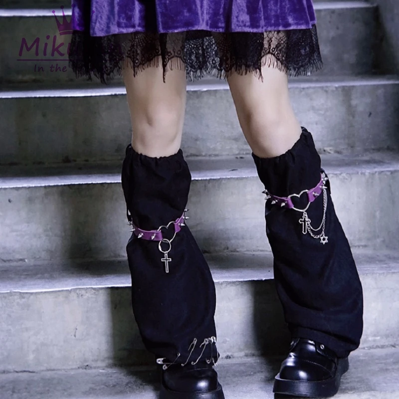 Harajuku Women Punk Leg Warmer Gothic Love Rivet Chain Black Leg Cover Girls JK Socks Chic Streetwear